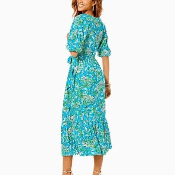 💙 LILLY PULITZER Brantley V-Neck Midi Wrap Dress SIZE M NEW WITH TAGS - Picture 14 of 15